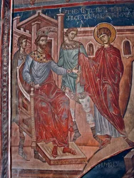 Święty Jerzy przed cesarzem Dioklecjanem (244-311) - Święty Jerzy przed cesarzem Dioklecjanem - Obraz Damiane (aktywny XIV wiek) - XIV wiek - Fresk - Klasztor św. Jerzego, Ubisi ©FineArtImages/Leemage