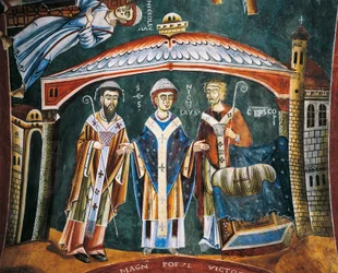 Święty Mikołaj Konsekrowany biskup Myry, Fragment Opowieści św. Mikołaja, fresk romański, styl bizantyjski, koniec XI w., Kaplica św. Eldrada i św.