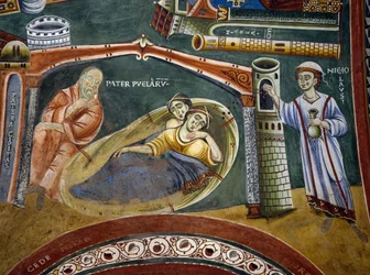 Święty Mikołaj ratuje bogatego kupca popadłego w biedę i płaci posag córkom, Fragment z Opowieści św. Mikołaja, fresk romański, styl bizantyjski, koniec XI w., Kaplica św. Eldrada i św. Mikołaja, Opactwo Novalesa, Piemont, Włochy