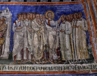 Św. Paweł kładzie ręce na nowo ochrzczonym bizantyjskim fresku w transepcie Tokali Kilise (Kościół Buckle) (XII-XIII w.), Goreme (Lista Światowego Dziedzictwa UNESCO)