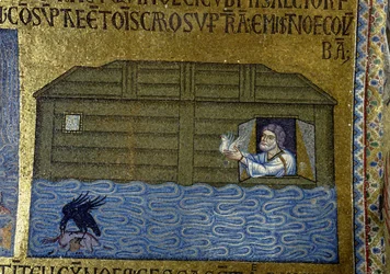 Historia Noego: Noe wysyła kruka i pierwszą gołębicę. Fragment wewnętrznych mozaik Bazyliki św. Marka, XI wiek