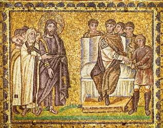 Chrystus przed Piłatem, który umywa ręce, arcykapłani i rzymscy żołnierze, VI wiek (mozaika)