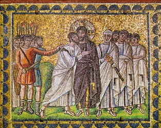 Chrystus otoczony apostołami; pojmany przez rzymskich żołnierzy, VI wiek (mozaika)