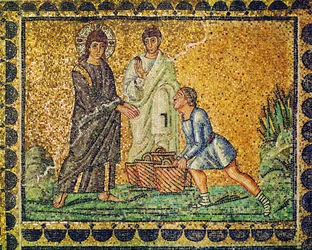 Jezus i rozmnożenie chleba, apostoł i mężczyzna z koszami chleba, VI wiek (mozaika)