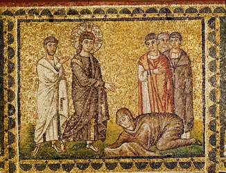 Jezus uzdrawia chorą na hemofilię kobietę w obecności apostoła i trzech innych osób, VI wiek (mozaika)