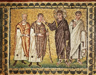 Jezus uzdrawia dwóch niewidomych, apostoł za nim, VI w. (mozaika)