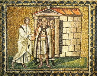 Wyrzuty sumienia Judasza z sakiewką sykli w rękach, VI wiek (mozaika)