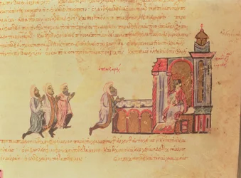 MMS Vitr 26-7 Cesarz bizantyjski Romanus III Argyrus (ok. 968-1034) słucha emira Ben Zarah z madryckiego Skylitzes (atrament i złoto na welinie)