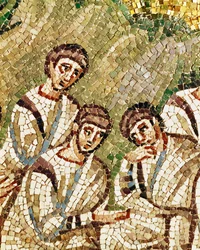 Śpiący apostołowie, detal z obrazu Chrystus i apostołowie w Ogrodzie Getsemani, VI wiek (mozaika)