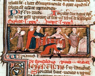 Scena ślubu, małżonkowie są przykryci tkaniną, symbolem ich związku Miniatura zaczerpnięta z Kodeksu Justyniana (Codex Justinianus), zbioru praw i instytucji przeredagowanych pod rządami rzymskiego cesarza Justyniana I z Bizancjum (483-565) ms. 824 Mila