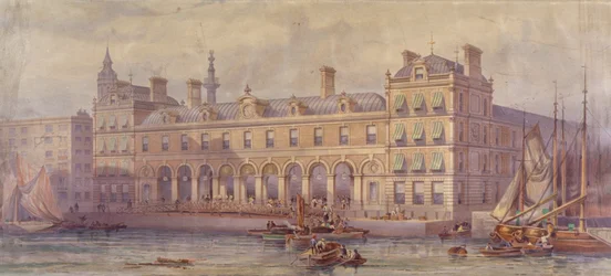 Widok na targ Billingsgate z postaciami i łodziami na pierwszym planie, Londyn, 1877