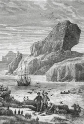Odkrycie Francji Austral (Wyspy Kerguelena) przez francuskiego odkrywcę Yves-Josepha de Kerguelen-Tremarec (1734-1797), luty 1772, rycina, Ocean Indyjski, Terytorium Francuskich Ziem Południowych i Antarktycznych