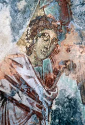 Postać męska, uszkodzony fresk na suficie kościoła Agios Vasileios, Vavouledo, Kreta, Grecja (zdjęcie)