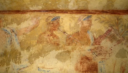Muzycy, fresk, detal, Grób Błękitnych Demonów, Nekropolia Tarquinia (Lista Światowego Dziedzictwa UNESCO, 2004), Lacjum, Włochy. Cywilizacja etruska, V wiek p.n.e. (zdjęcie)