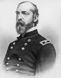 Portret George Gordon Meade (1815-1872), generał armii Stanów Zjednoczonych i inżynier budownictwa, który odegrał kluczową rolę w wojnie secesyjnej, pokonując armię konfederatów w Gettysburgu, grawerowanie po fotografii