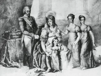 Portret Wiktora Emanuela I, króla Sardynii i księcia Sabaudii, Piemontu i Aosty, z żoną Marią Teresą z Austro-Este i córkami, Marią Teresą z Sabaudii (1803-1879), Marią Anną z Sabaudii i Marią Cristiną z Sabaudii grawerowanie