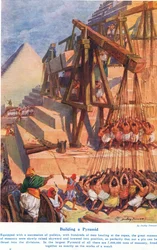 Budowanie piramidy, ilustracja z książki „Cuda lądu i morza”, wydanej przez Cassell, Londyn