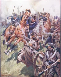 Kozak i Rosjanin zatoczyli się po uderzeniu szablą, ilustracja z „Ballad o słynnych walkach”, ok. 1900 r. (litografia kolorowa)