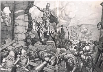 Henryk V podczas oblężenia Harfleur, ilustracja z „British Battles on Land and Sea”, wydana przez Cassell, Londyn, ok. 1910 r. (litografia)
