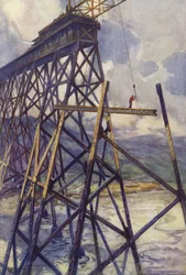 Ustawianie stali wiaduktu Battle River w Grand Trunk Pacific Railway w Kanadzie (litografia kolorowa)