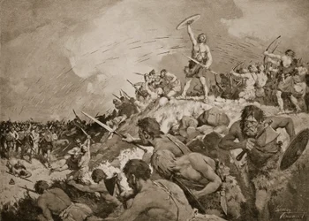 Bitwa pod Mons Badonicus, ok. 500 rne, ilustracja z „Historii narodu” (litografia)