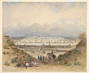 Ogólny przegląd kawalerii i piechoty, którzy mają wkroczyć do otoczonego murem miasta w górzystym kraju, być może Kandahar (NWFP). 1843, po wcześniejszym szkicu.