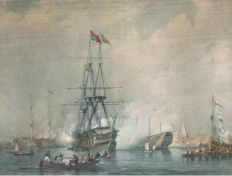 HMS Victory wystrzeliwujący Royal Salute w Portsmouth Harbour, z British Adventure opublikowanego przez Collins, 1947