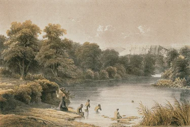 Rzeka Jordan. Etching autorstwa Schachera - Steinkopk J.F. Editore