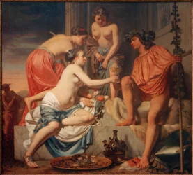 Siedzące na tronie nimfy Bacchus podają wino Bacchus i pt.