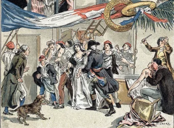 Aresztowanie Charlotte Corday po zamordowaniu Jean-Paula Marata w 1793 roku. Ilustracja Camille