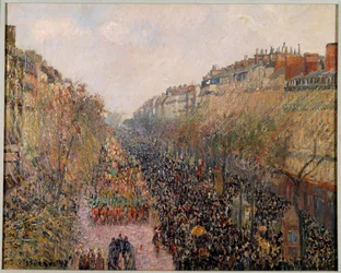 Dzień Mardi Gras na Boulevard Montmartre w Paryżu w 1897 r. Obraz Camille Pissarro (1830-1903) 1897 r. Los Angeles. Muzeum Młota