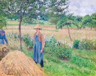 Ogrodnik stojący przy stogu siana, niebo zachmurzone, Eragny