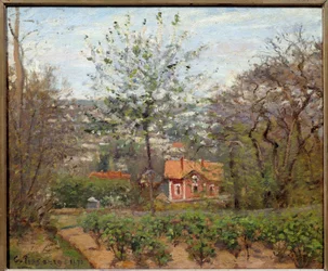 Chata, różowy dom; latająca osada serca. Obraz Camille Pissarro (1830-1903)