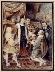 Olivier Cromwell (1599-1658) odrzucający koronę Lord Protektor Republiki Wielkiej Brytanii został zaproponowany koronę przez Humble Petition i Avis (Nowy Parlament) w 1658 roku. Akwarela Camille Rogier (1810-1893) 1835 Paryż, Maison Victor Hugo