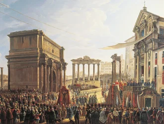 Papież Pius IX (1846-1878) wygłaszający kazanie w Campo Vaccino, obraz Camillo Pacettiego (1758-1826),