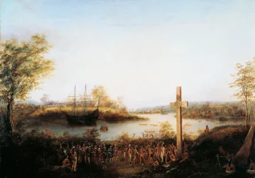 Jacques Cartier (1491-1557) wznoszący krzyż w Stadacona, gdzie obecnie znajduje się miasto Quebec