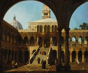 Canaletto - Capriccio Widok dziedzińca Palazzo Ducale ze Scala dei Giganti Sygnowany i datowany na 1744 rok