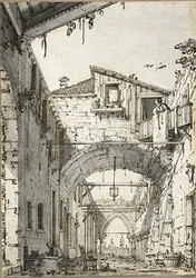 Capriccio: Ulica przecinana łukami (recto) Szkice drzwi, schodów i drugiego piętra budynku (verso)