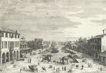 Widok Mestre, gospody po lewej i innych różnych budynków wzdłuż kanału, z „Widoku..., 1735-46.