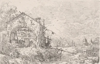 Kobieta czerpiąca wodę ze studni pod arkadą z lewej, z pejzażem z prawej, 1..., 1717-68.