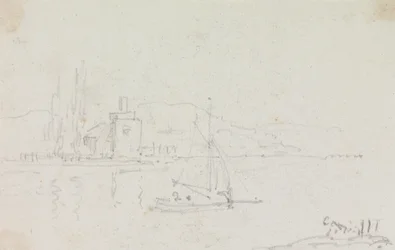 Esboço de um barco à vela e um edifício no Shorepolish