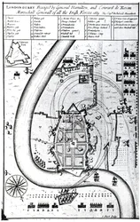 Londonderry oblegany przez generała Hamiltona i Conrada de Rosena, rytowany przez J. Sturt, 1689