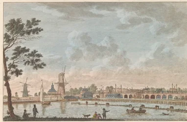 Gezicht op de Hogesluis, ca. 1790 Hooge Amstel Sluis te Amsterdam / Wysoki most, zwany hoog sluis - dawniej zwany Mostem Zakochanych, wzięty od strony amstelu później w Amsterdamie (tytuł na obiekcie)