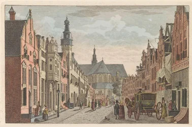 Langestraat w Alkmaar, ok. 1790 Langestraat, Ratusz i Grote Kerk w Alkmaar / Rue longue - Hotel de Ville - et grande Eglise à Alkmaar (tytuł na obiekcie)