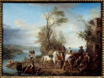 Idź na polowanie na Lavandieres i popływaj nad brzegiem rzeki. Obraz Carel van Falens (1683-1733) 1726 nd. 0,45x0,6m²