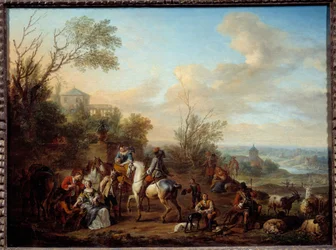 Zatrzymanie myśliwych Obraz Carel Van Falens (1683-1733) XVIII w. Słońce. 0,45x0,6m²