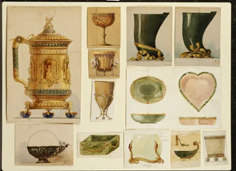 Wybór wzorów, House of Carl Faberge (ołówek i akwarela podkreślone bielą i złotem na kartonie)