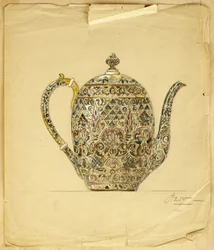 Projekt owalnego, srebrno-złotego emaliowanego dzbanka do kawy Cloisonne, House of Carl Faberge
