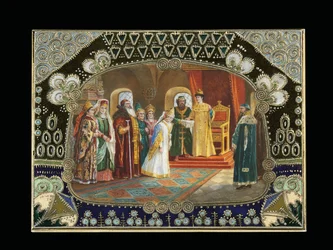 Fragment malowanego kartusza z pudła stołowego, przedstawiającego cara Aleksieja Michajłowicza wybierającego pannę młodą, ok. 1908-1917