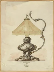 Rysunek srebrnej lampy stołowej ze skręconym żłobkowanym korpusem w stylu rokoko, House of Carl Faberge